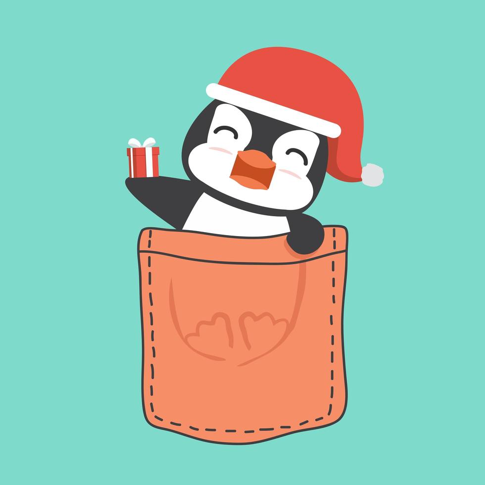 pingouin avec bonnet de noel dans une poche vecteur