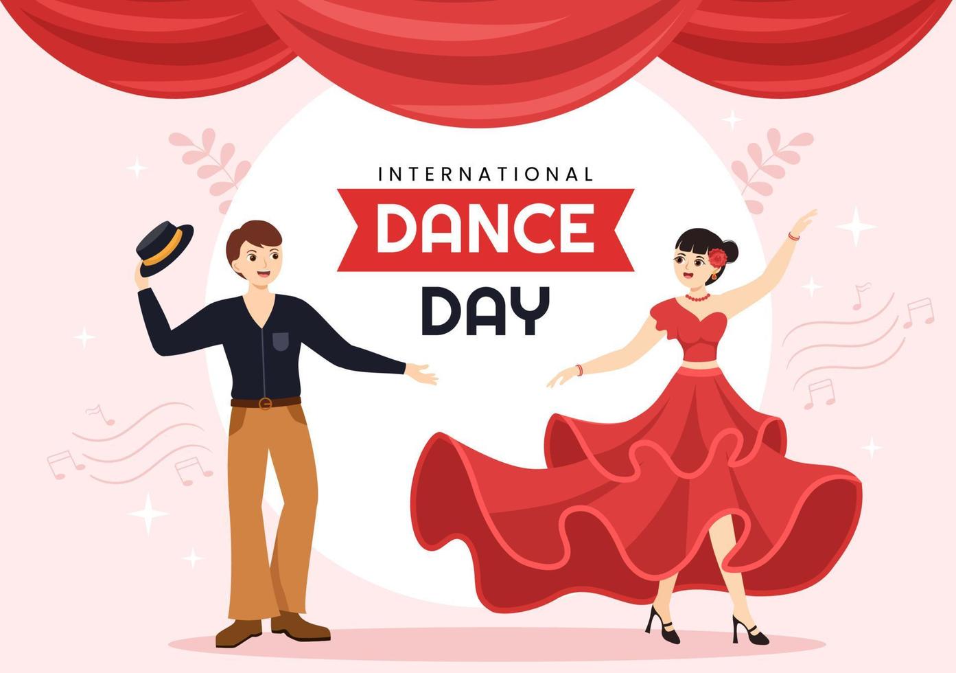 illustration de la journée internationale de la danse avec un couple de danseurs professionnels ou un célibataire dans un dessin animé plat dessiné à la main pour les modèles de page de destination vecteur