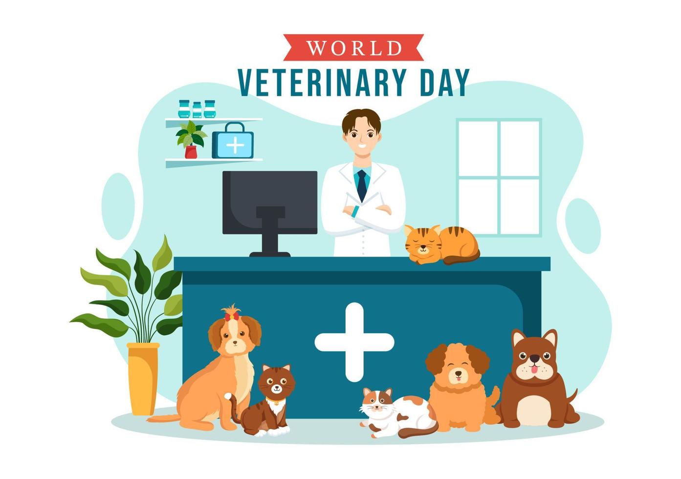 journée mondiale vétérinaire le 29 avril illustration avec médecin et animaux mignons chiens ou chats en dessin animé plat dessinés à la main pour les modèles de page de destination vecteur