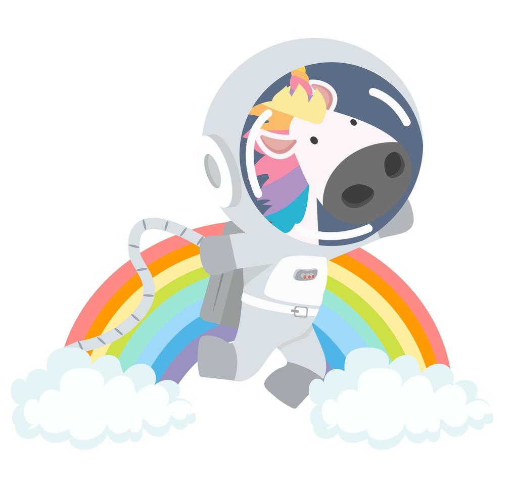 mignonne petite licorne astronaute avec arc en ciel vecteur