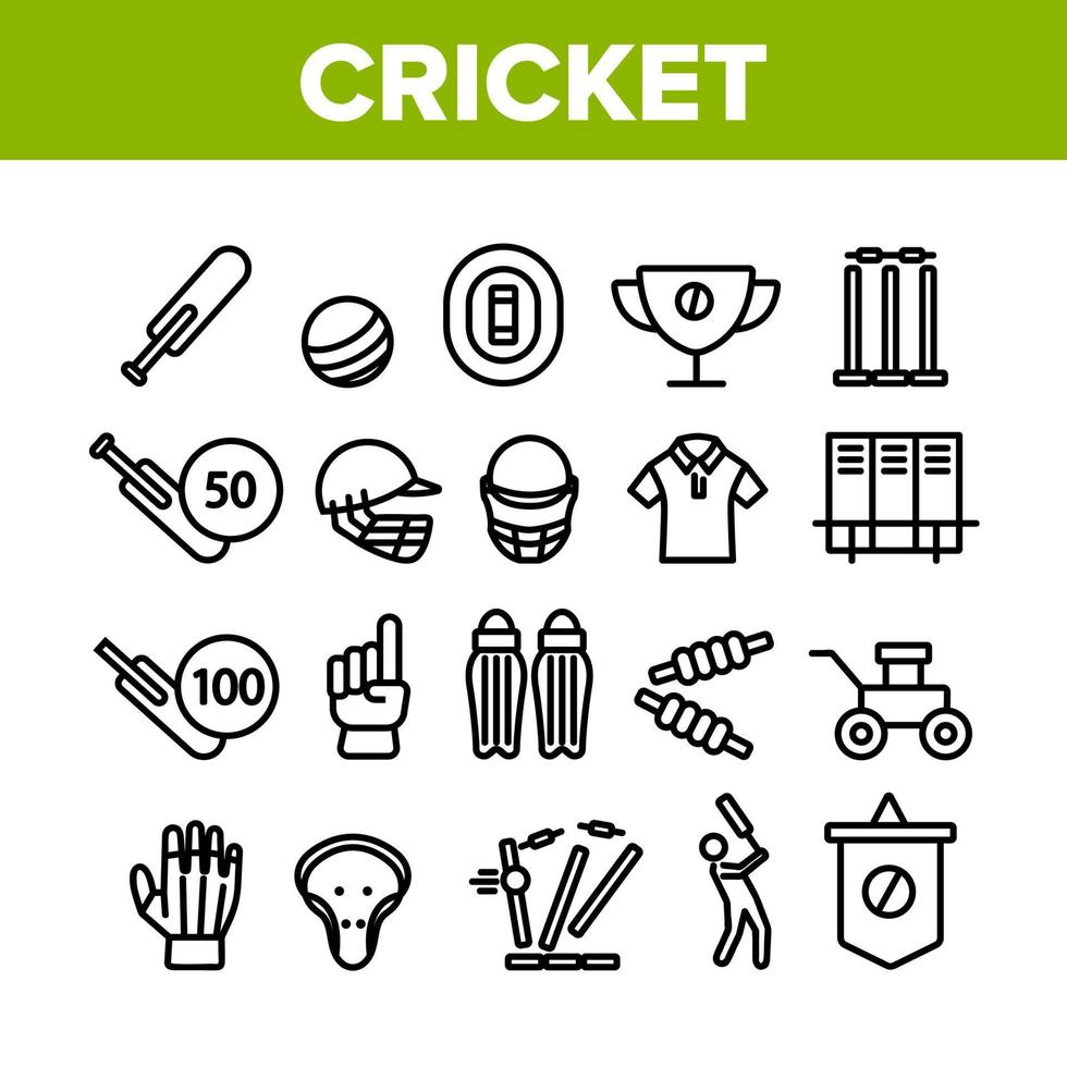 collection de cricket éléments de jeu icônes définies vecteur