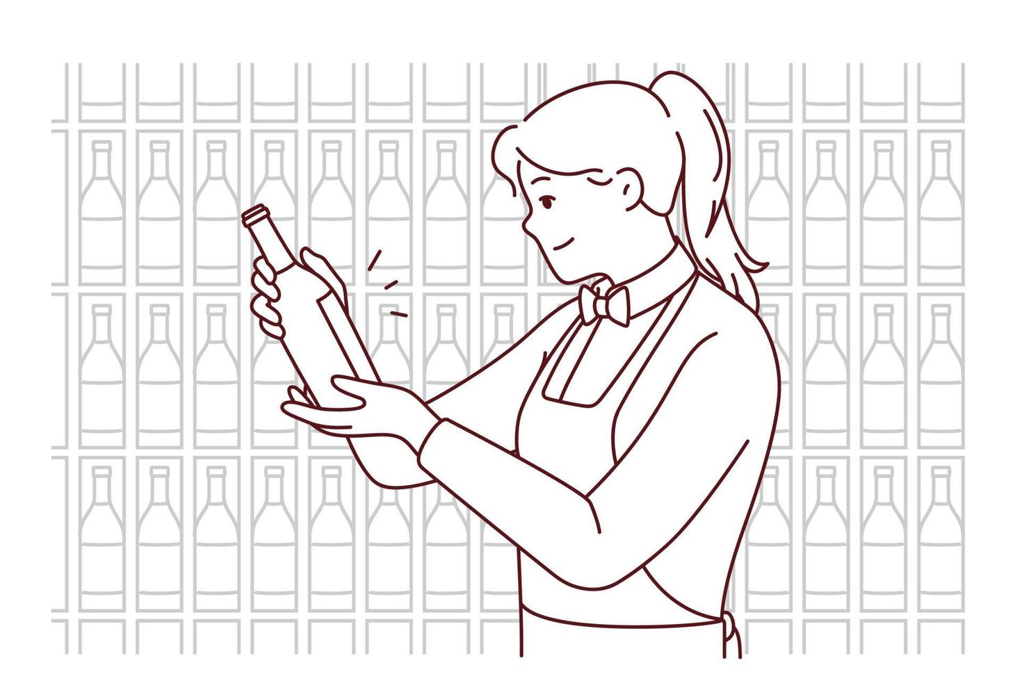 serveuse souriante en tablier choisissant du vin dans la cave. heureuse sommelière faire le choix de boire au restaurant. illustration vectorielle. vecteur