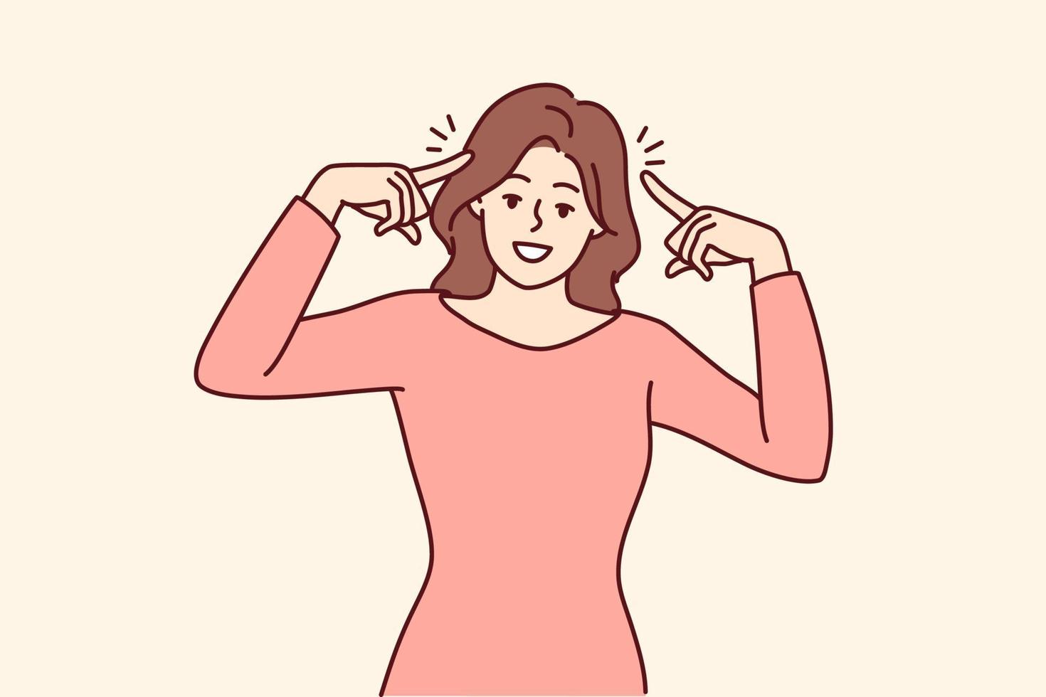 une femme souriante se pointe du doigt en se sentant réussie et confiante. un spectacle féminin heureux à la tête avec les doigts génère des idées. illustration vectorielle. vecteur