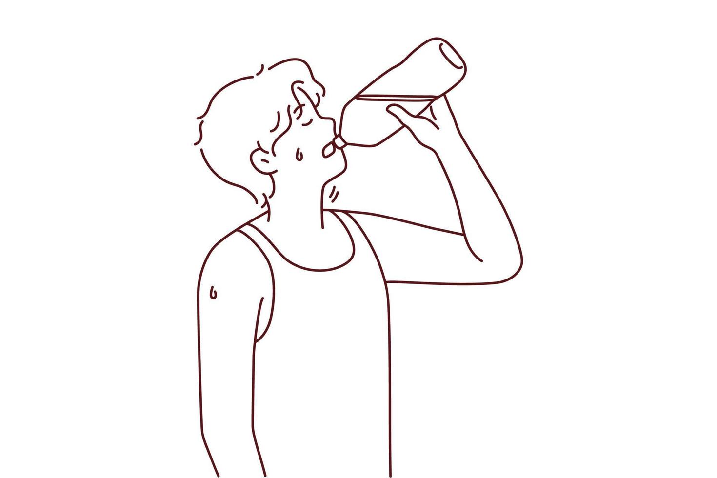 un jeune homme assoiffé souffre d'un coup de chaleur en buvant de l'eau en bouteille. le gars apprécie la lutte liquide et propre contre la soif ou la chaleur. illustration vectorielle. vecteur