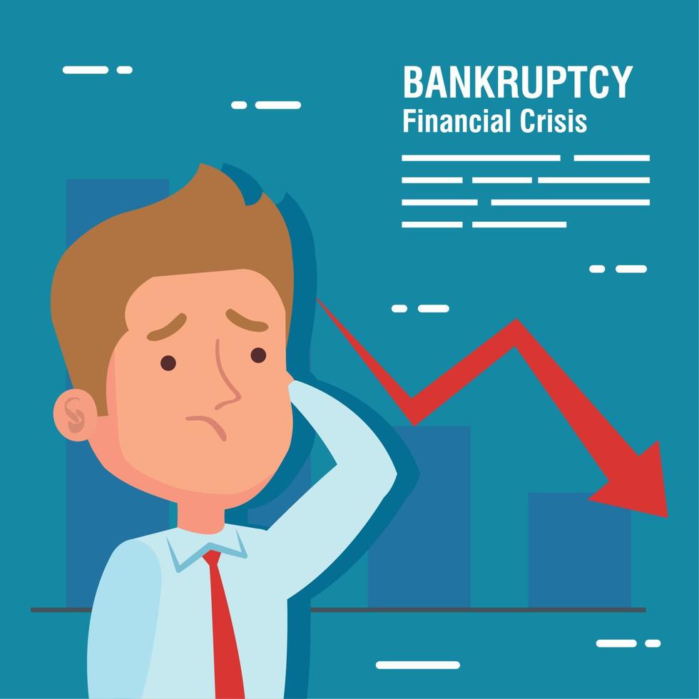 bannière faillite crise financière, homme d'affaires inquiet et infographie vecteur