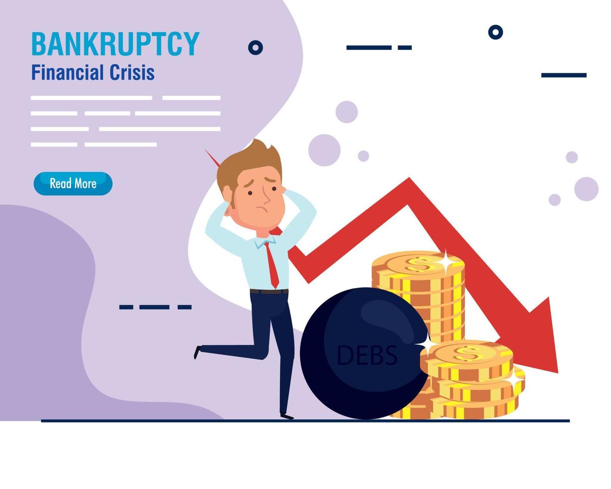 bannière faillite crise financière, homme d'affaires inquiet avec des pièces et des icônes vecteur
