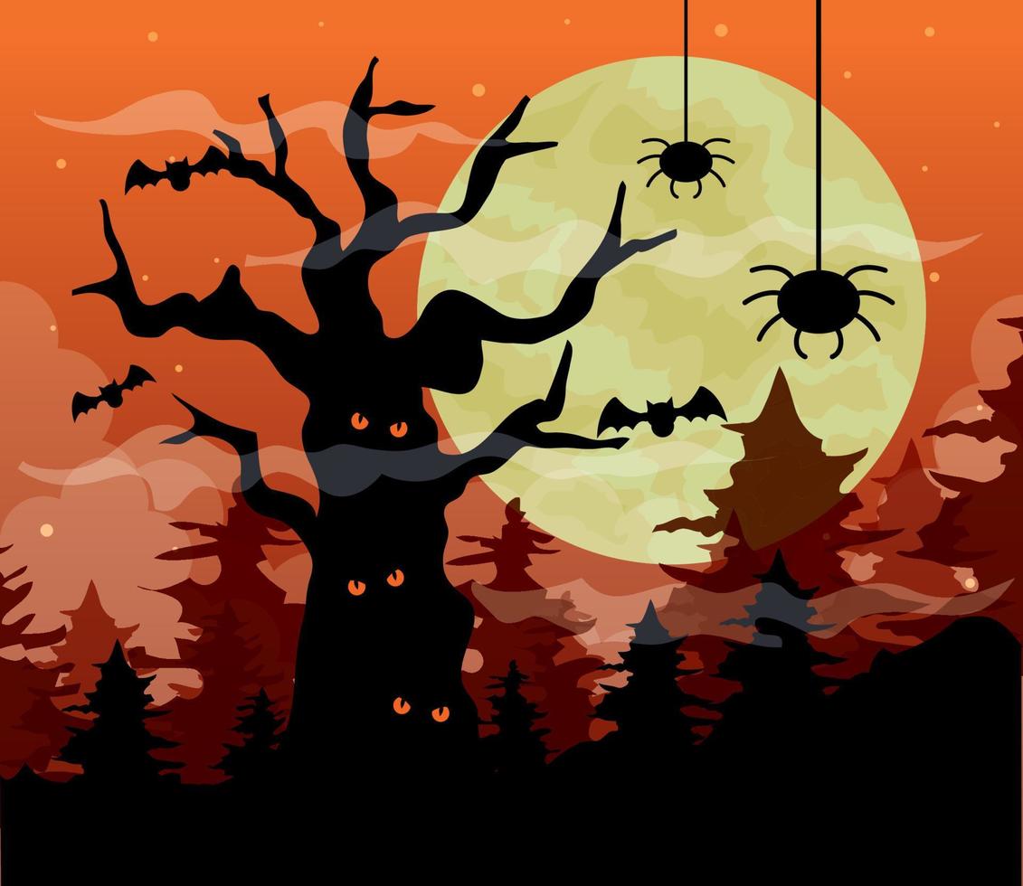 bannière d'halloween heureux avec arbre hanté et araignées dans la nuit noire vecteur