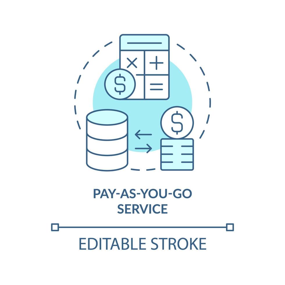 icône de concept turquoise de service de paiement à l'utilisation. illustration de fine ligne d'idée abstraite d'informatique sans serveur. dessin de contour isolé. trait modifiable. arial, myriade de polices pro-gras utilisées vecteur