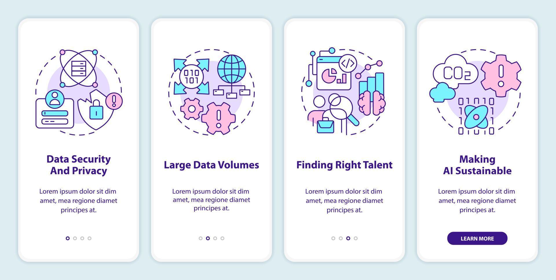 les défis de la science des données intègrent l'écran de l'application mobile. procédure pas à pas de développement instructions graphiques modifiables en 4 étapes avec des concepts linéaires. ui, ux, modèle d'interface graphique. myriade de polices pro-gras régulières utilisées vecteur