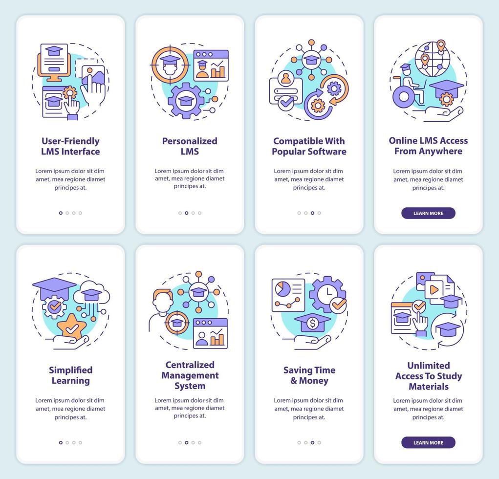 écran d'application mobile d'intégration du système de gestion de l'apprentissage. procédure pas à pas en 4 étapes instructions graphiques modifiables avec des concepts linéaires. ui, ux, modèle d'interface graphique. une myriade de polices pro-gras régulières utilisées vecteur
