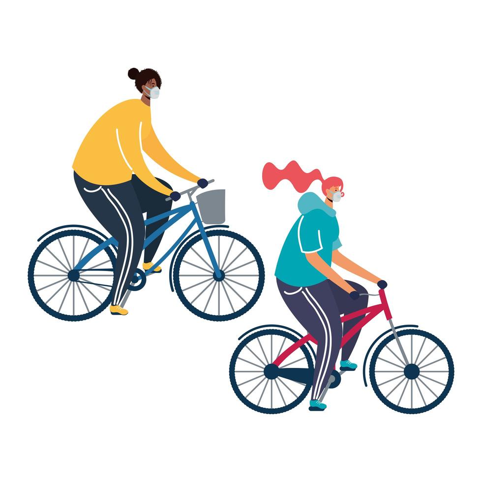 jeune couple portant des masques médicaux sur des vélos vecteur