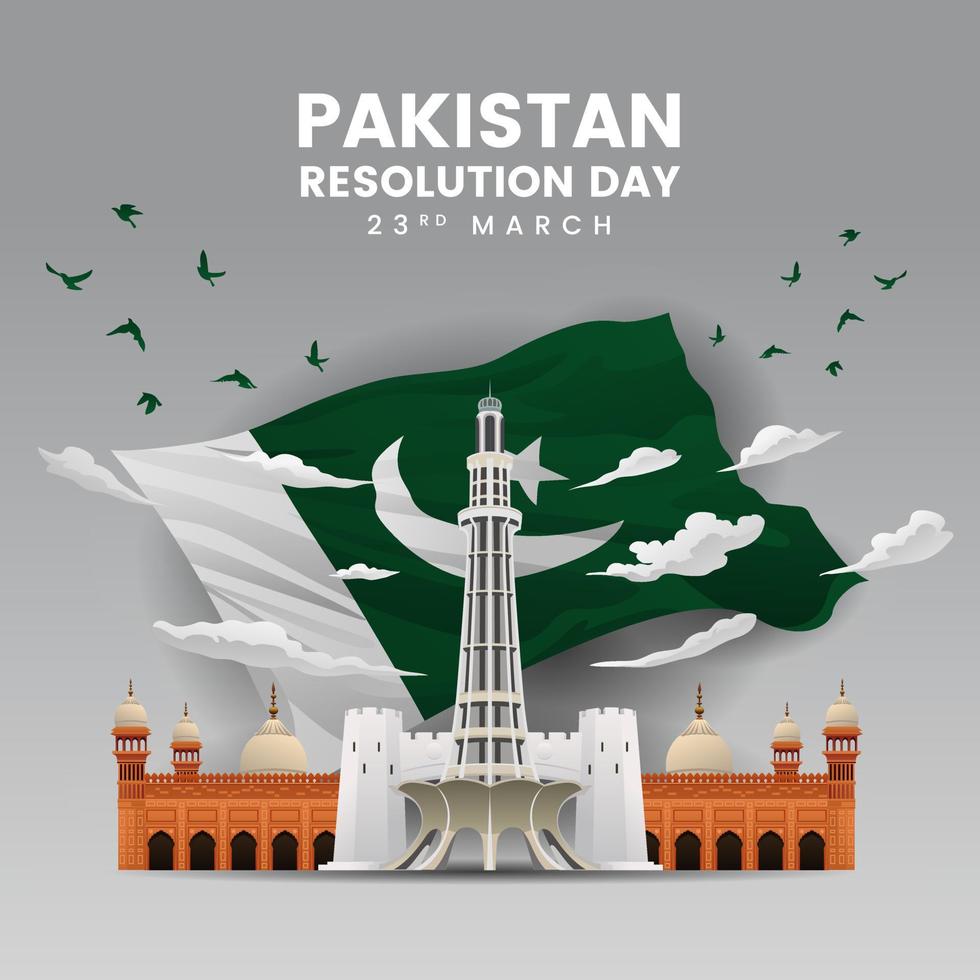 point de repère célèbre du jour de la résolution du pakistan avec fond d'illustration de grand drapeau vecteur