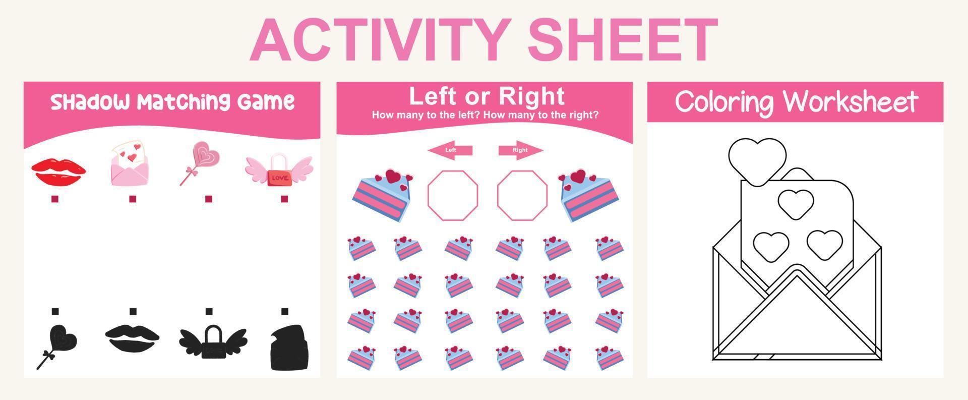 Feuille d'activités 3 en 1 pour les enfants. feuille de travail imprimable éducative. jeu d'association d'ombres, lignes de traçage et feuille de travail d'activité de coloriage. fichier vectoriel. vecteur