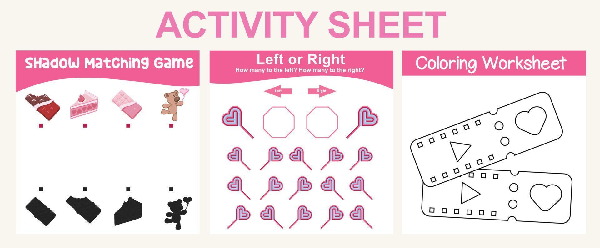 Feuille d'activités 3 en 1 pour les enfants. feuille de travail imprimable éducative. jeu d'association d'ombres, lignes de traçage et feuille de travail d'activité de coloriage. fichier vectoriel. vecteur