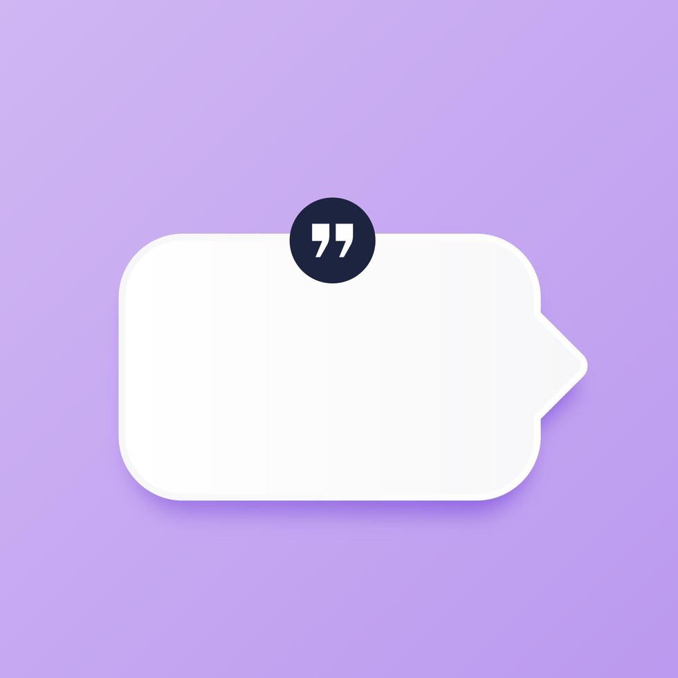 bulle de dialogue 3d avec des icônes de citations sur fond violet. signe minimal de boîtes de chat 3d vierges. illustration vectorielle 3d et ombre. vecteur