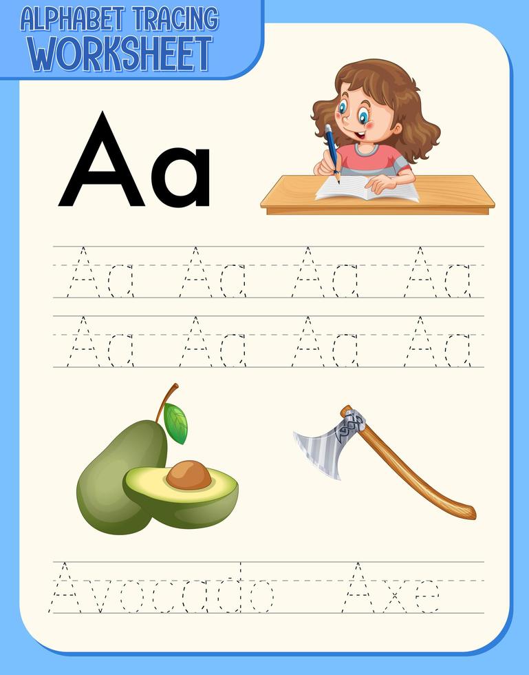 feuille de calcul de traçage alphabet avec lettre et vocabulaire vecteur