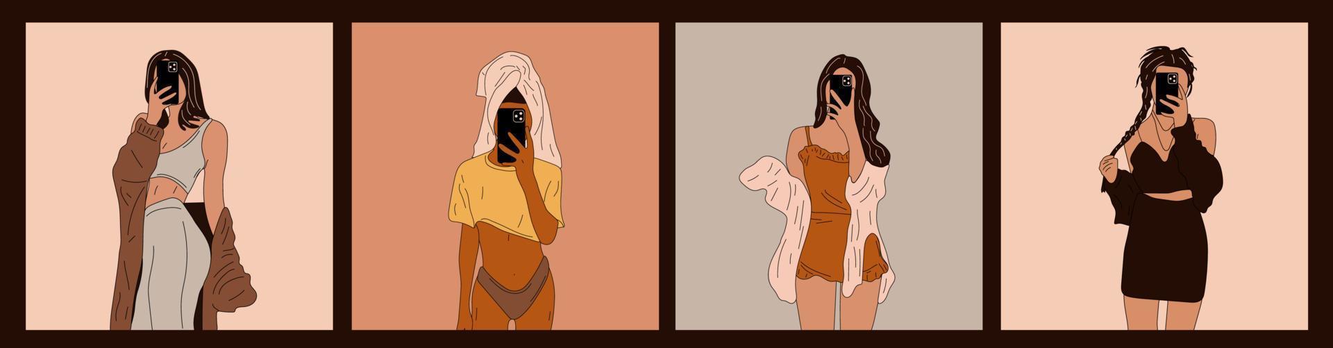 ensemble de quatre belles jeunes femmes dans des vêtements à la mode, le pyjama se décolle sur un smartphone. croquis dessiné à la main. illustration vectorielle. vecteur