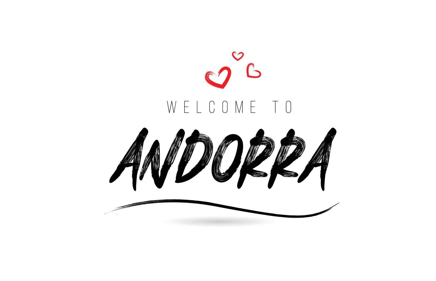 bienvenue dans la typographie de texte du pays d'andorre avec un coeur d'amour rouge et un nom noir vecteur