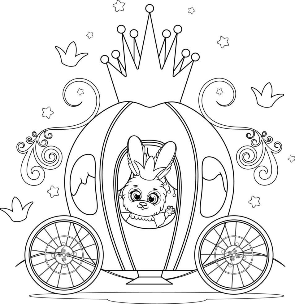 coloriage. princesse de lapin de dessin animé mignon dans un carrosse de fée vecteur