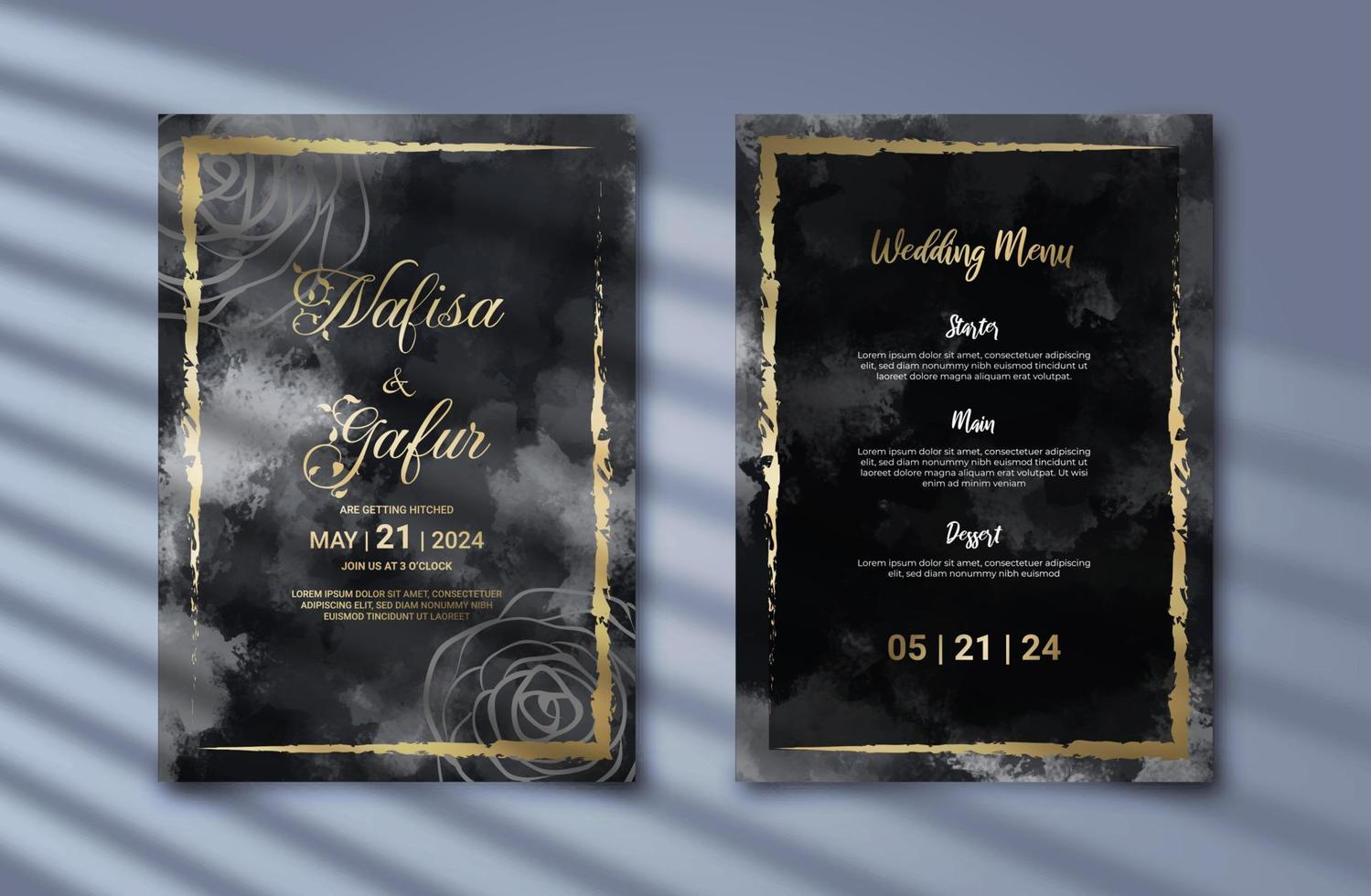 invitation de mariage luxueuse avec décoration florale dorée et fond noir abstrait. modèle d'invitation esthétique avec une belle décoration vecteur