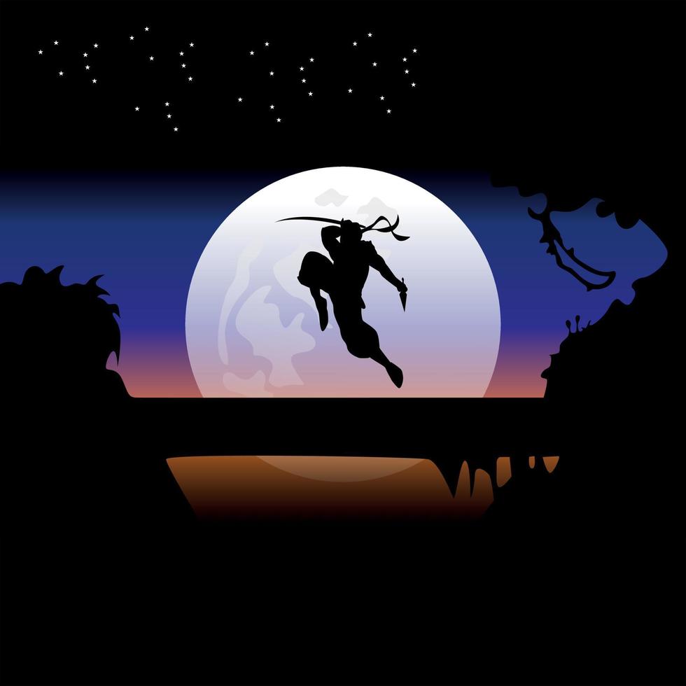 illustration graphique vectoriel d'assassin s'entraînant la nuit sur une pleine lune. parfait pour le papier peint, l'affiche, etc.
