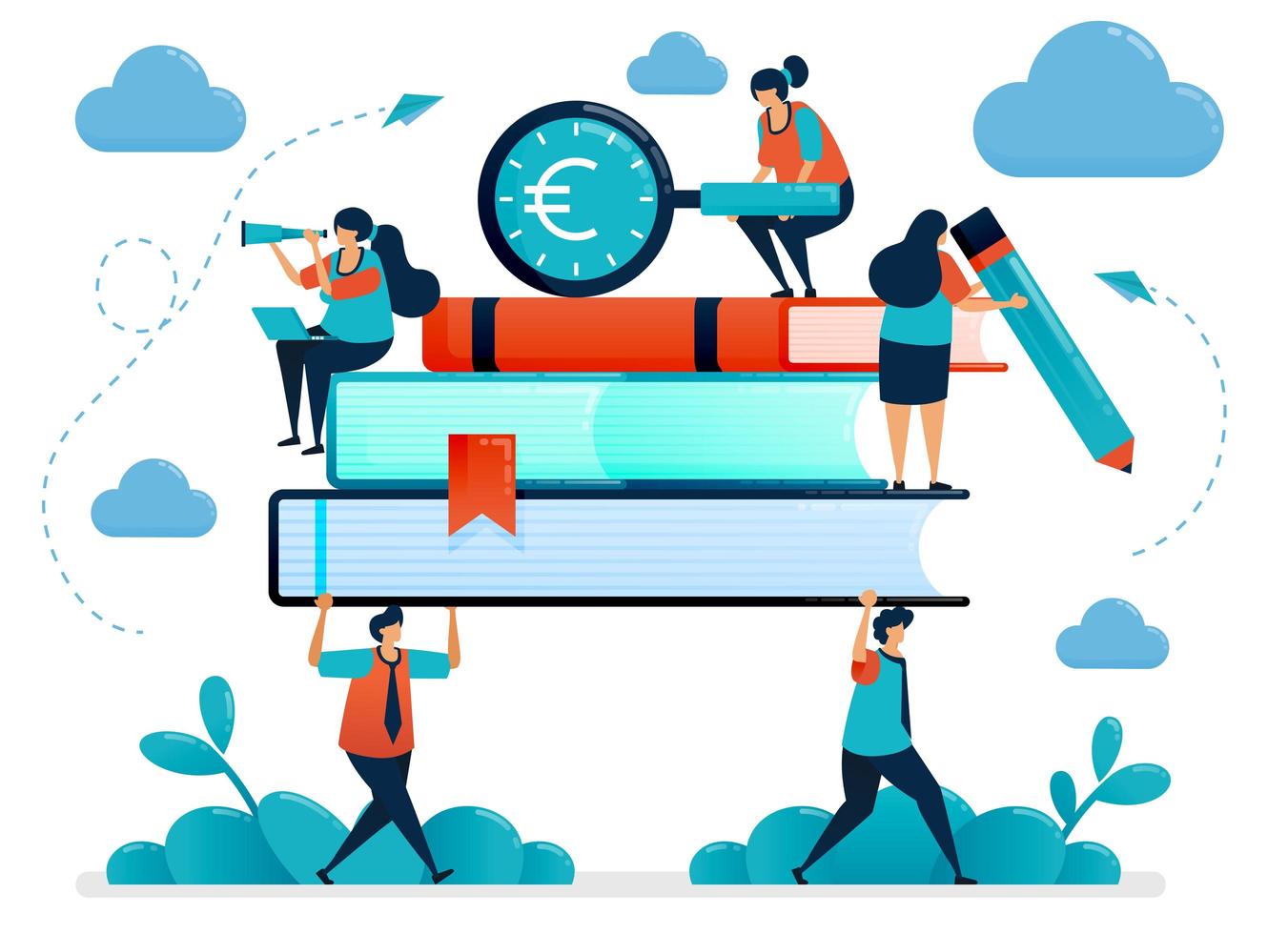 métaphores du fardeau des coûts de l'éducation. les étudiants portent des livres lourds. recherche de financement pour l'éducation. programme de bourses scolaires gratuit. illustration vectorielle, conception graphique, carte, bannière, brochure, dépliant vecteur