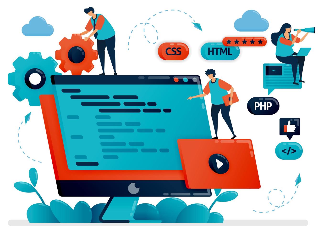 conception de programmes, web, applications sur écran ou bureau. travail d'équipe dans l'élaboration de la programmation. processus de développement de débogage. illustration vectorielle pour le modèle de page Web de destination d'en-tête de page d'accueil de site Web vecteur