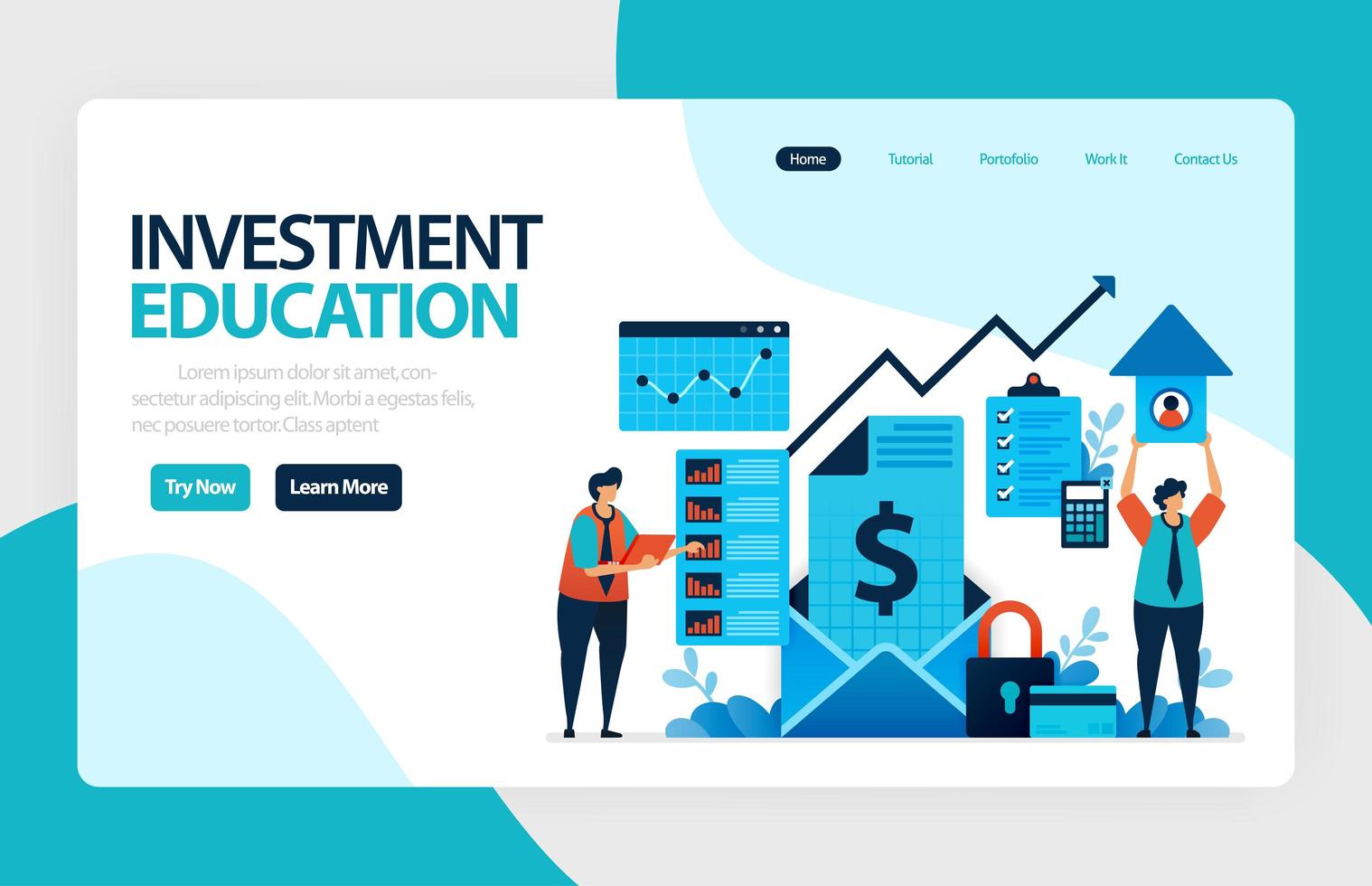 conception de vecteur de page de destination pour l'éducation à l'investissement. retour sur investissement avec planification, bourse et fonds communs de placement, revenu fixe, marché monétaire. pour bannière, illustration, web, site Web, applications mobiles