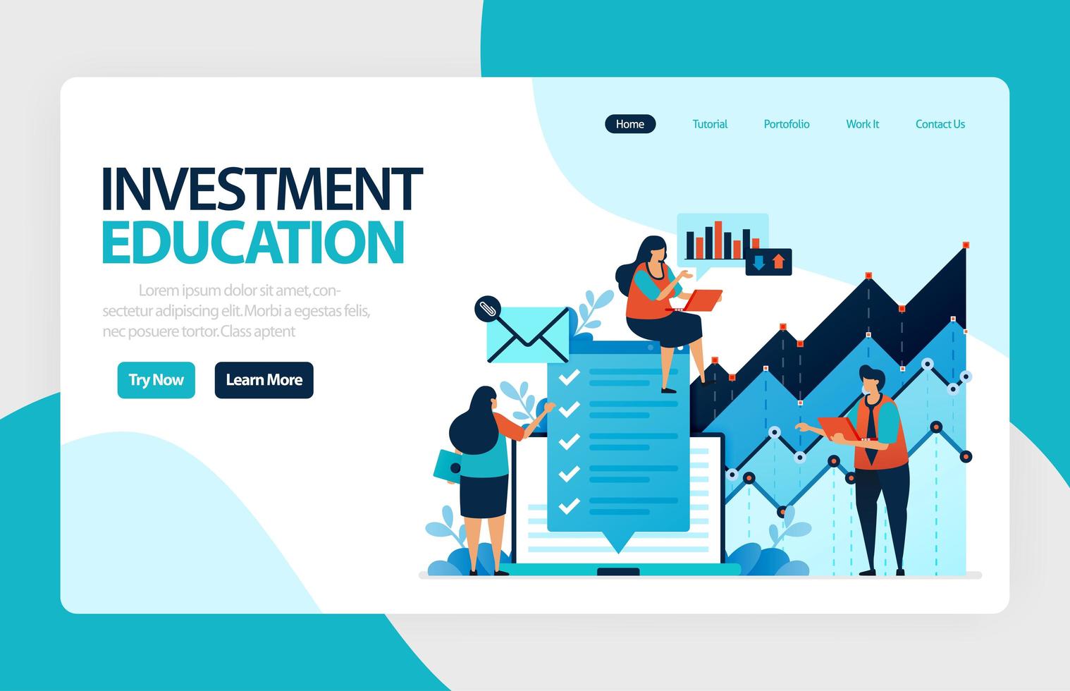 conception de vecteur de page de destination pour l'éducation à l'investissement. retour sur investissement avec planification, bourse et fonds communs de placement, revenu fixe, marché monétaire. pour bannière, illustration, web, site Web, applications mobiles