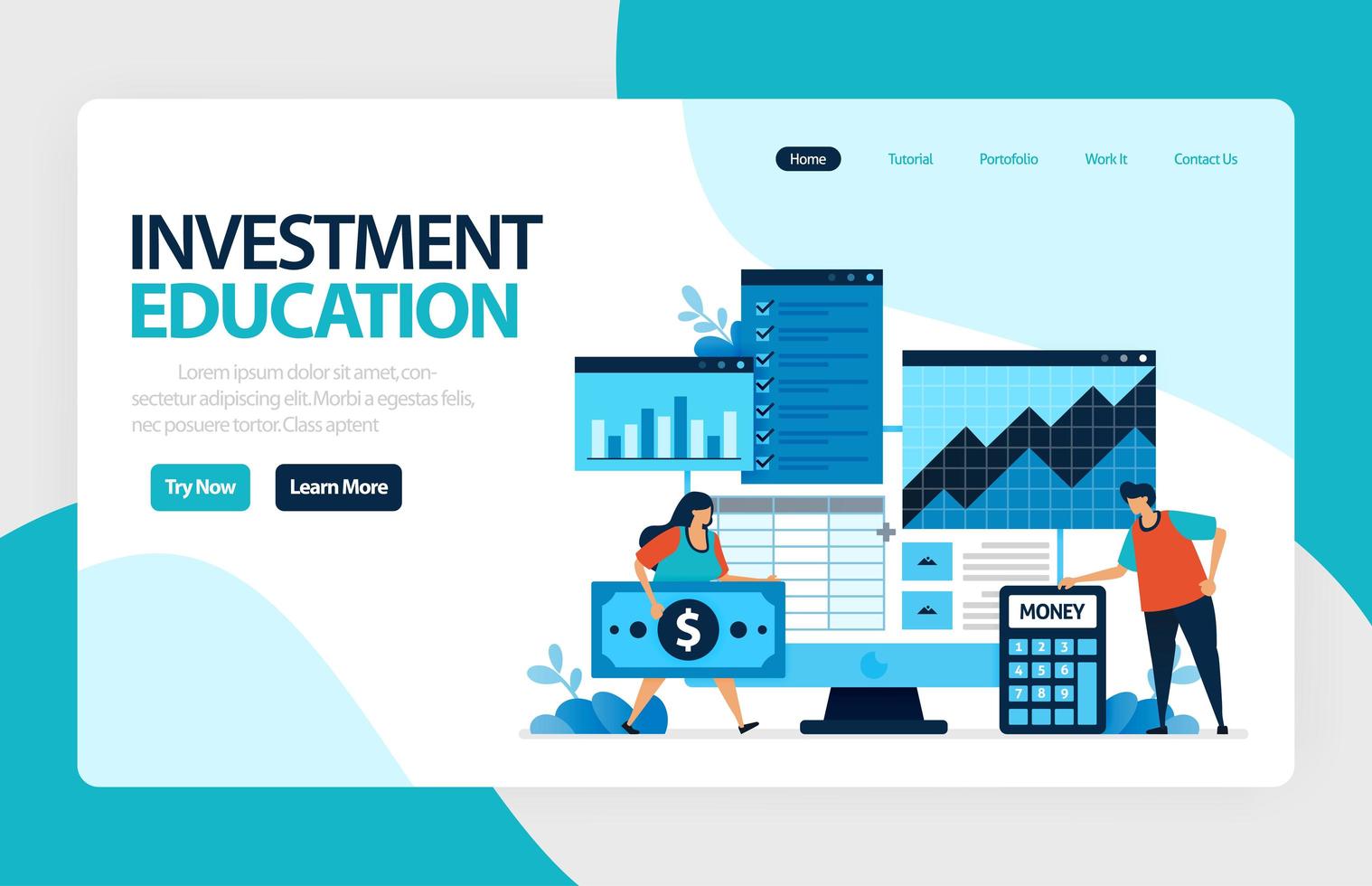 conception de vecteur de page de destination pour l'éducation à l'investissement. retour sur investissement avec planification, bourse et fonds communs de placement, revenu fixe, marché monétaire. pour bannière, illustration, web, site Web, applications mobiles