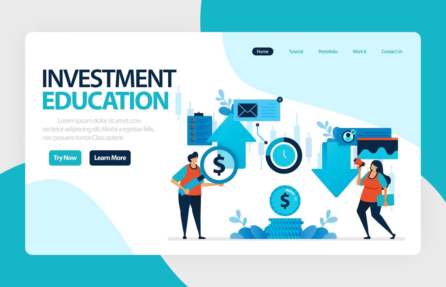 conception de vecteur de page de destination pour l'éducation à l'investissement. retour sur investissement avec planification, bourse et fonds communs de placement, revenu fixe, marché monétaire. pour bannière, illustration, web, site Web, applications mobiles