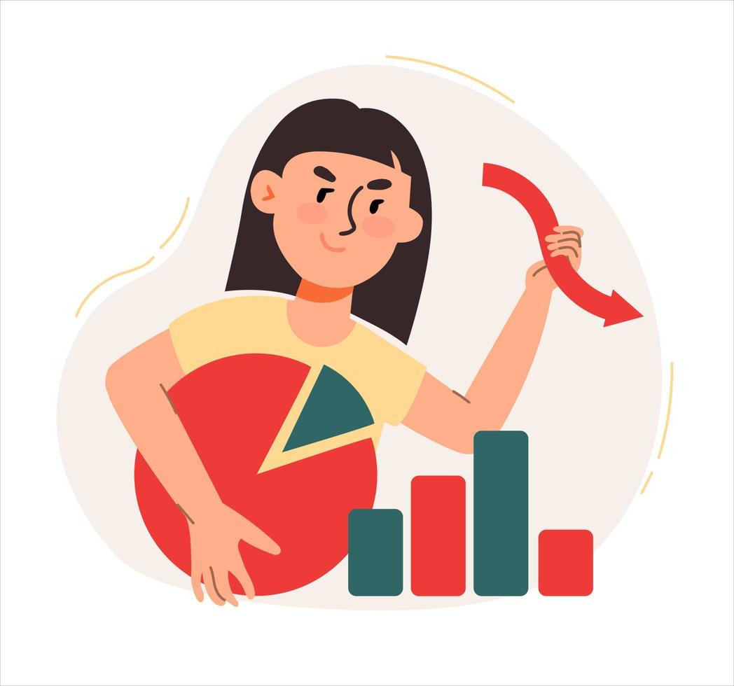 une femme étudie les statistiques sur les graphiques et les tableaux. le concept d'idée d'entreprise, de démarrage, d'organisation, de remue-méninges. illustration vectorielle plat isolé vecteur