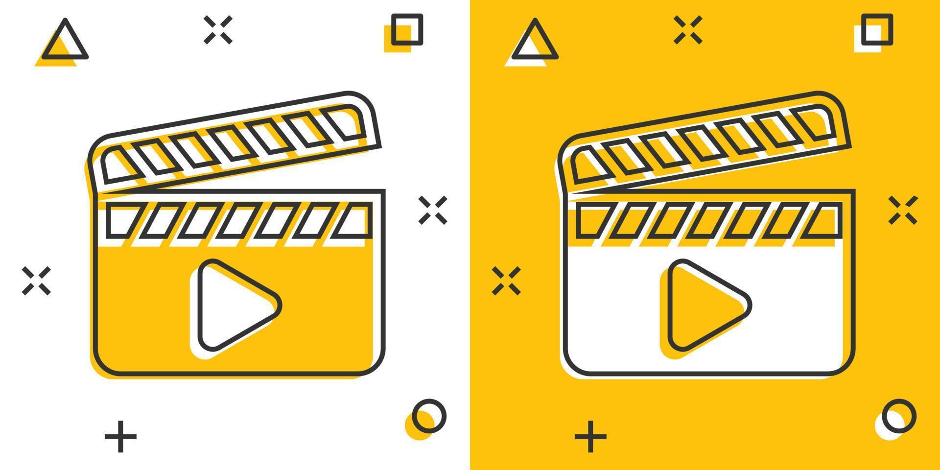 icône de film dans le style comique. illustration de vecteur de dessin animé de film sur fond blanc isolé. concept d'entreprise d'effet d'éclaboussure vidéo clapper.