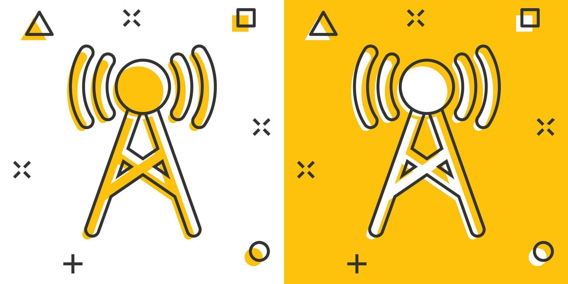 icône de tour d'antenne dans le style comique. illustration de vecteur de dessin animé de diffusion sur fond blanc isolé. concept d'entreprise d'effet d'éclaboussure wifi.