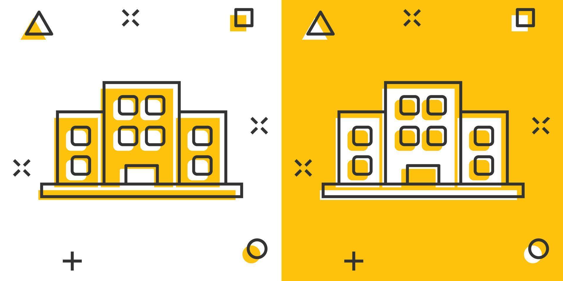 icône de signe d'immeuble de bureaux dans le style comique. illustration de vecteur de dessin animé appartement sur fond isolé. concept d'entreprise d'effet d'éclaboussure d'architecture.