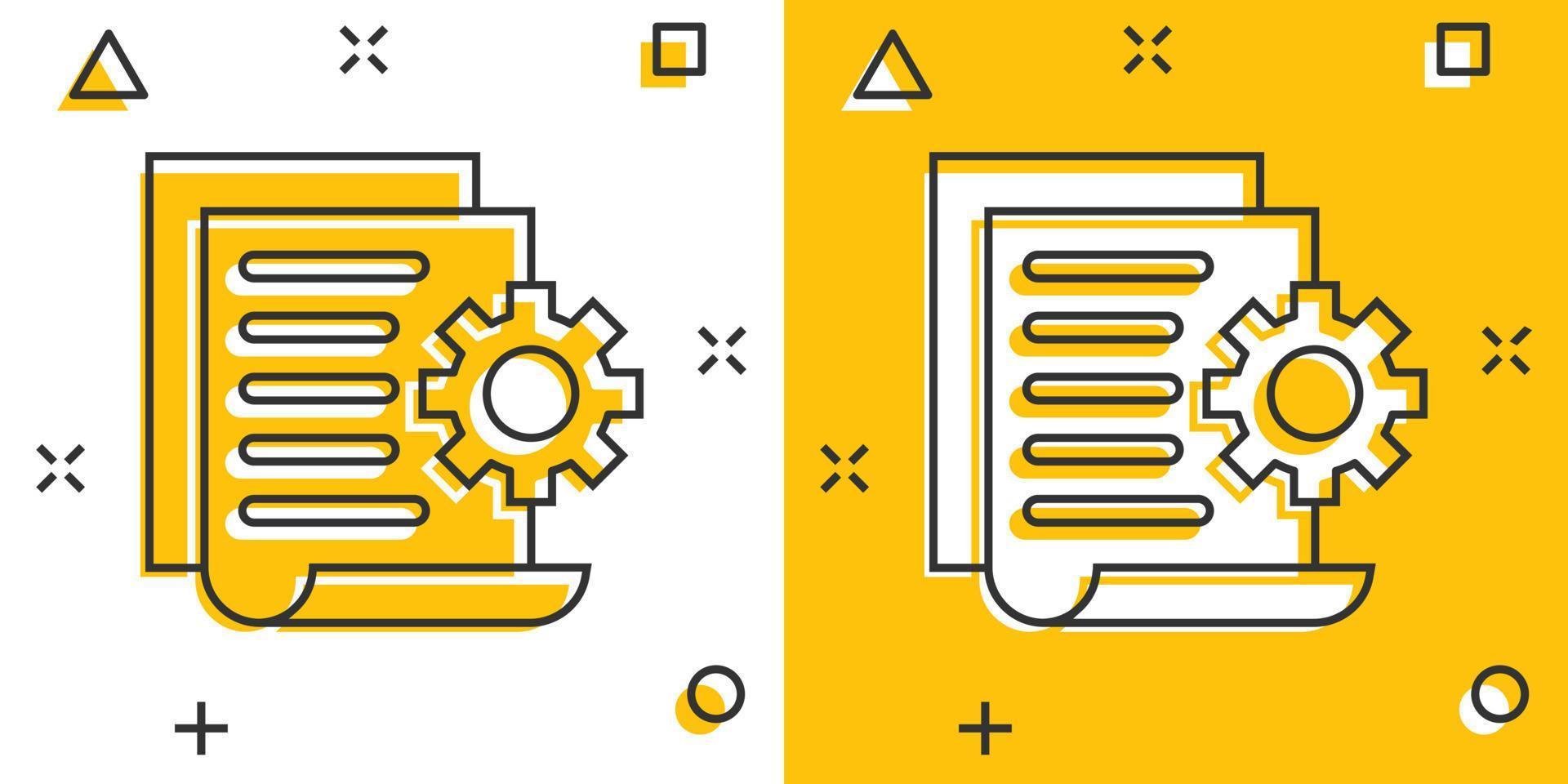 document avec icône d'engrenage dans le style comique. illustration de vecteur de dessin animé de traitement de données volumineuses sur fond blanc isolé. feuille de papier solution logicielle effet splash concept d'entreprise.