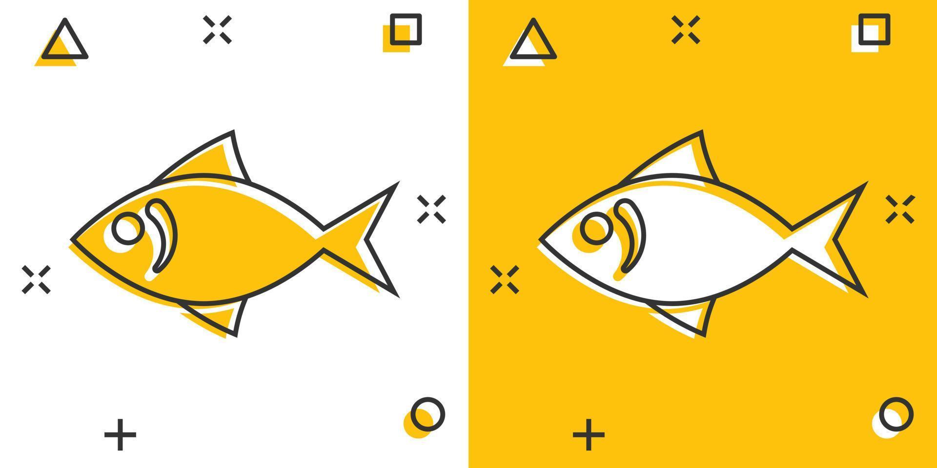 icône de poisson dans le style comique. illustration de vecteur de dessin animé de fruits de mer sur fond blanc isolé. concept d'entreprise d'effet d'éclaboussure d'animal marin.