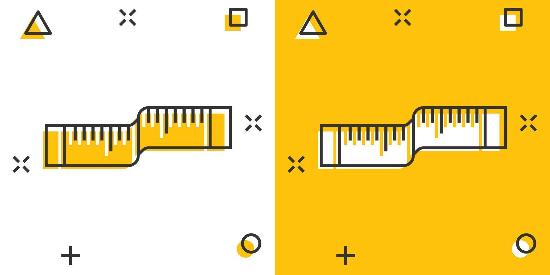 icône de bande de mesure dans le style comique. règle dessin animé signe illustration vectorielle sur fond blanc isolé. concept d'entreprise d'effet d'éclaboussure de mètre. vecteur