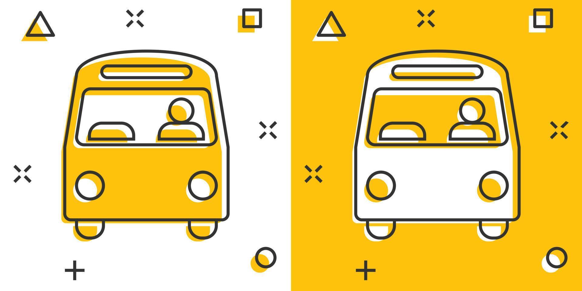 icône de bus dans le style comique. illustration vectorielle de dessin animé d'entraîneur sur fond blanc isolé. concept d'entreprise d'effet d'éclaboussure de véhicule autobus. vecteur