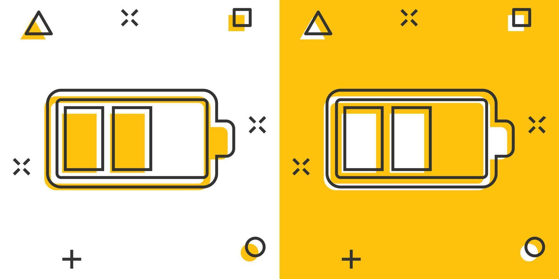 icône de charge de batterie dans le style comique. illustration de vecteur de dessin animé de niveau de puissance sur fond blanc isolé. concept d'entreprise d'effet d'éclaboussure d'accumulateur au lithium.