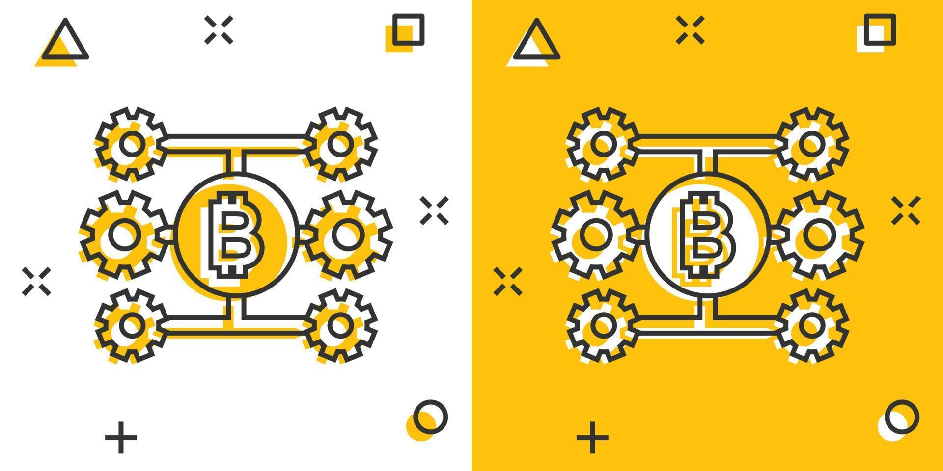 icône bitcoin dans le style comique. illustration de vecteur de dessin animé blockchain sur fond blanc isolé. concept d'entreprise d'effet d'éclaboussure de crypto-monnaie.