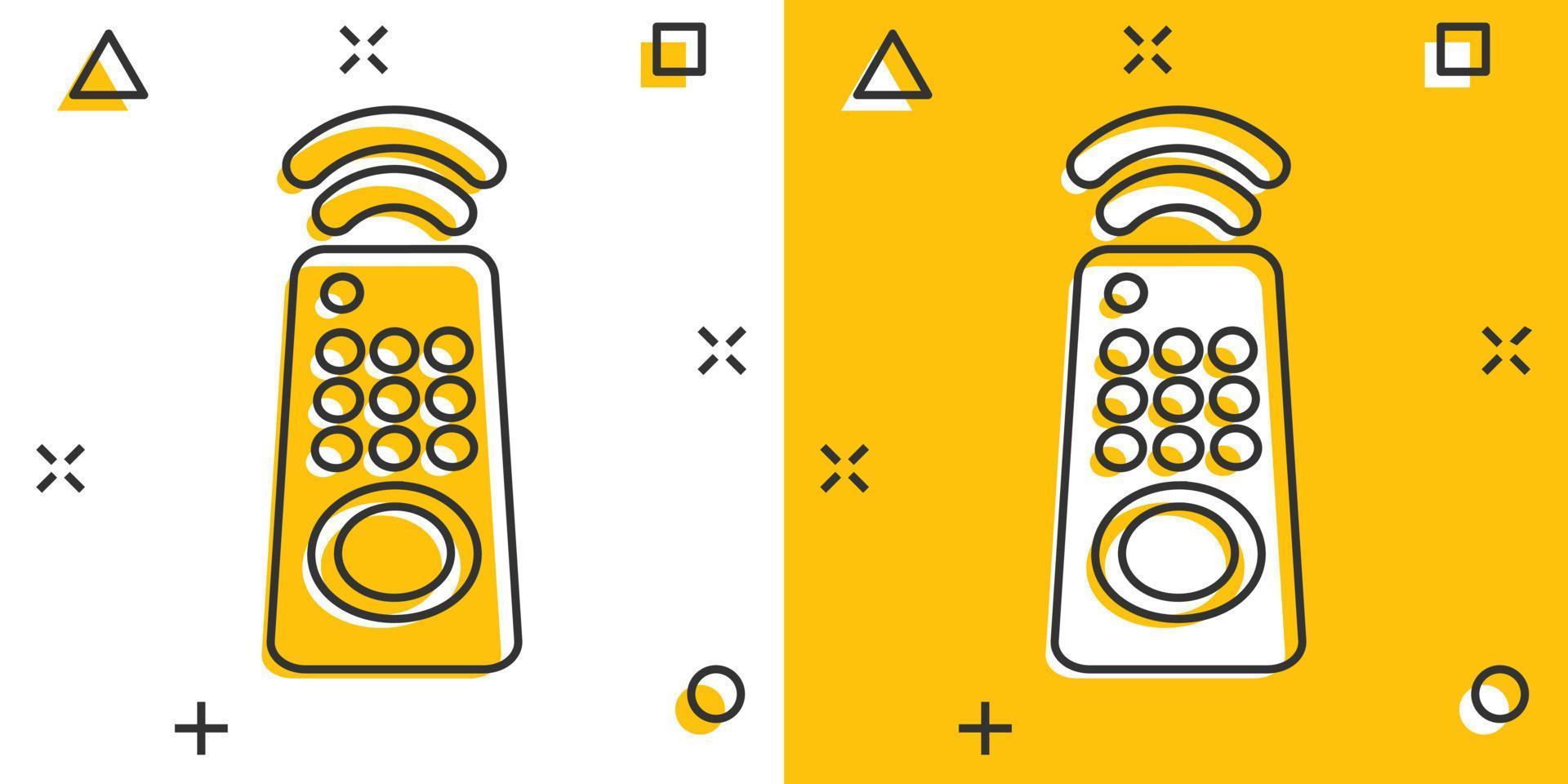 icône de la télécommande du téléviseur dans le style comique. illustration vectorielle de signe de dessin animé de télévision sur fond blanc isolé. diffuser le concept d'entreprise effet splash. vecteur