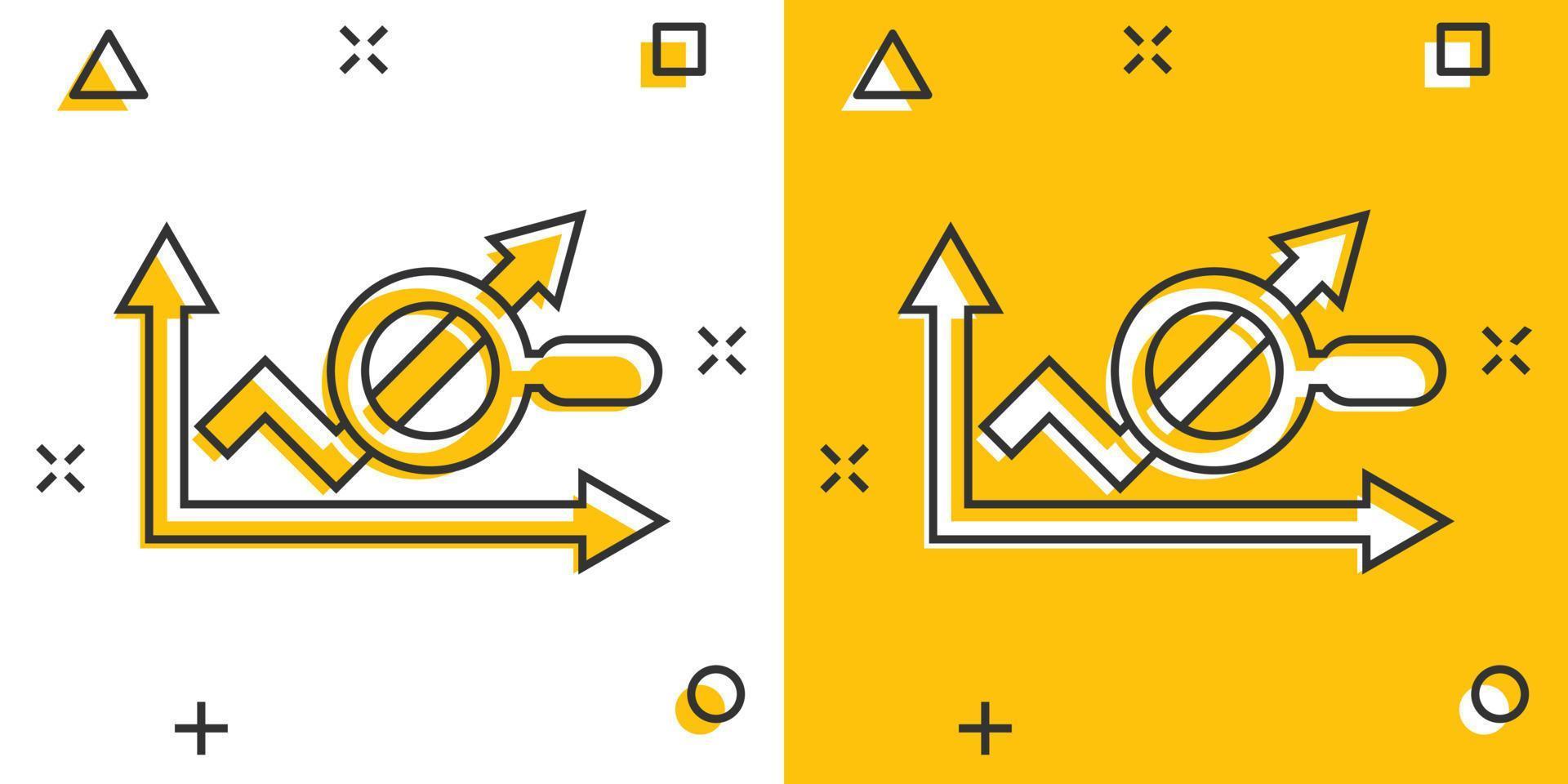 icône de tendance du marché dans le style comique. flèche de croissance avec illustration de vecteur de dessin animé de loupe sur fond blanc isolé. augmenter le concept d'entreprise effet splash.