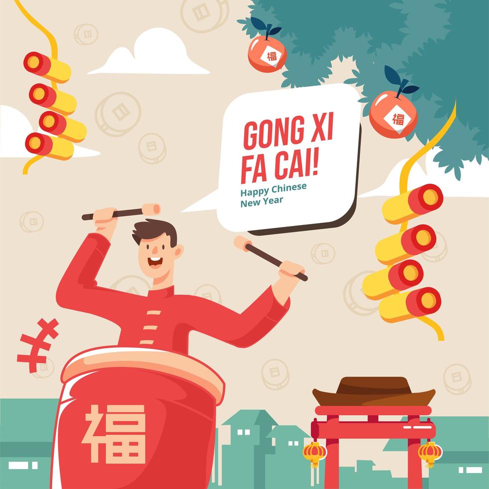 L'homme joue du tambour tanggu gong xi fa cai célébration vecteur