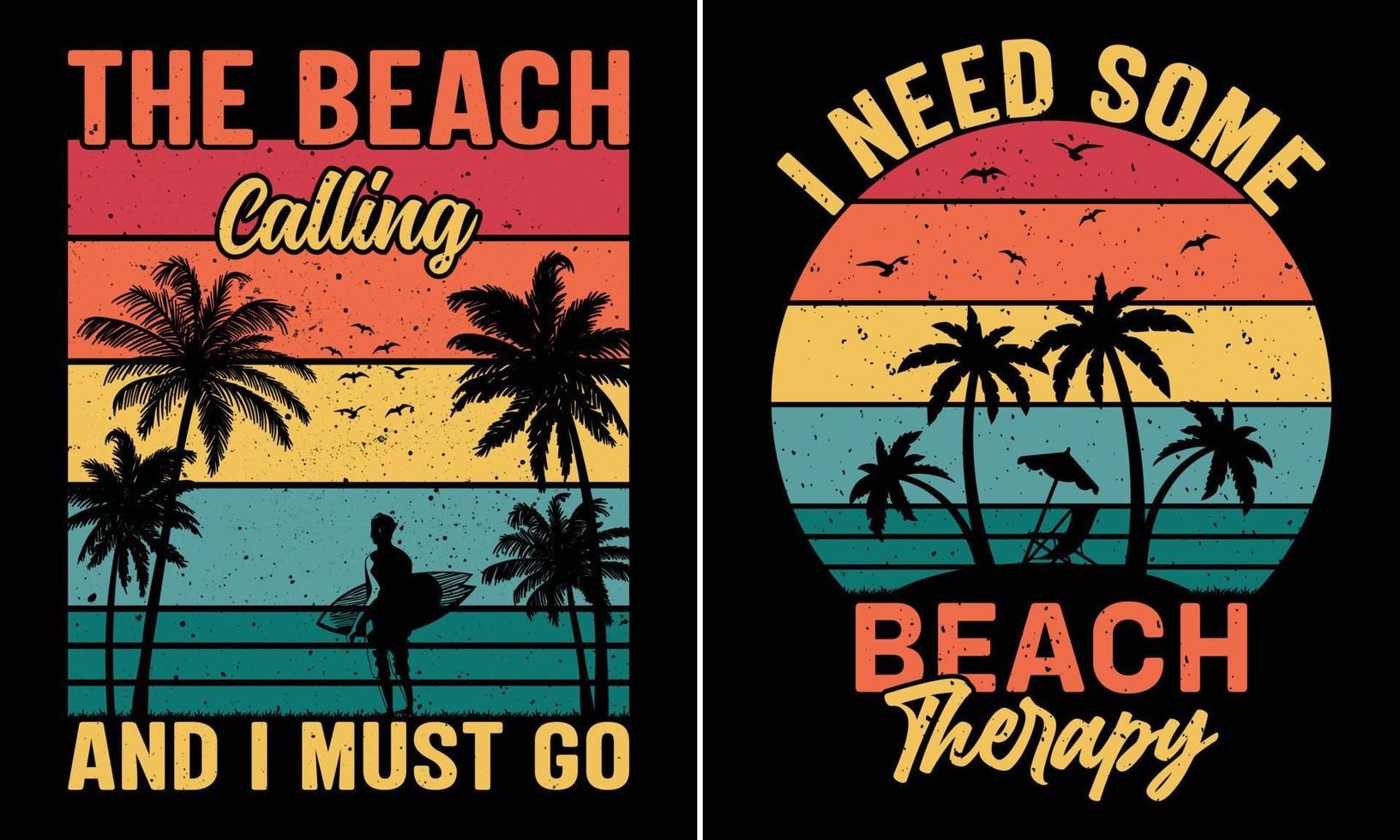 j'ai besoin d'un design de t-shirt de thérapie de plage, l'appel de la plage et je dois aller le design de t-shirt, le design de t-shirt rétro vintage de plage d'été au coucher du soleil vecteur