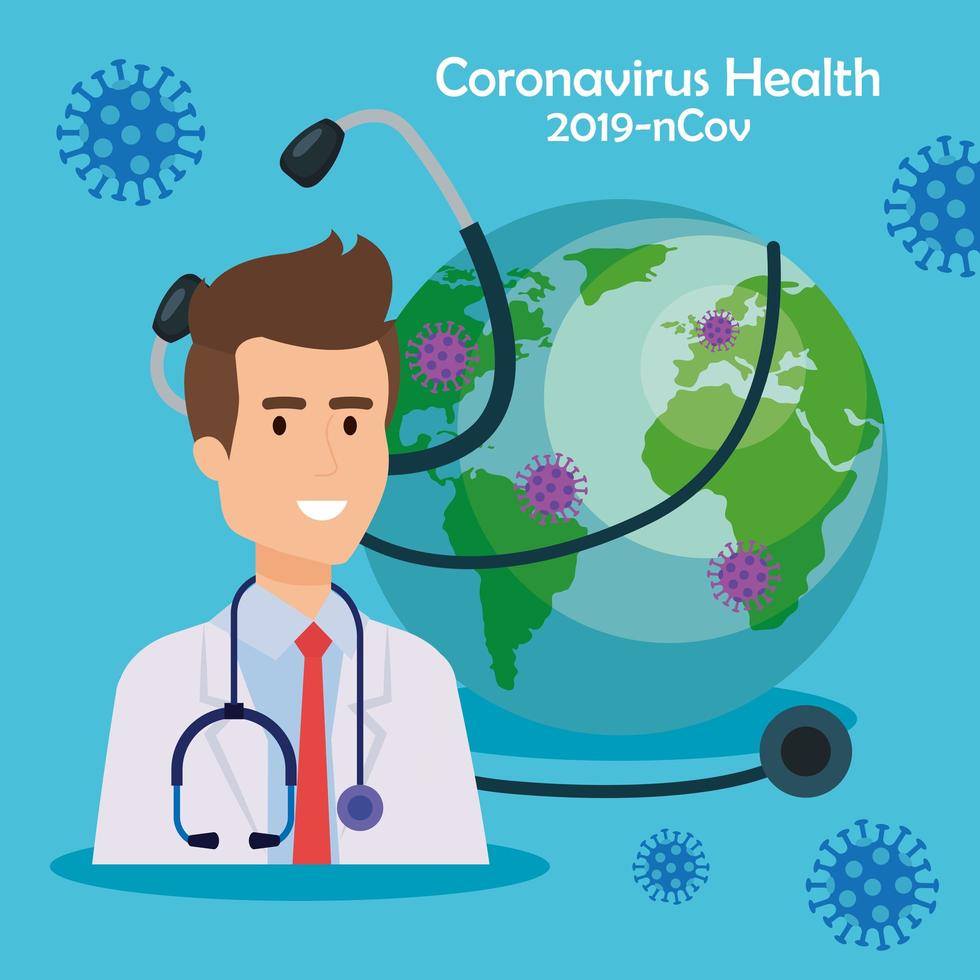 médecin et planète mondiale avec des particules 2019 ncov vecteur