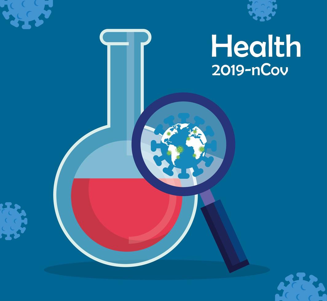 Planète mondiale avec des particules 2019 ncov en loupe et essai en tube vecteur