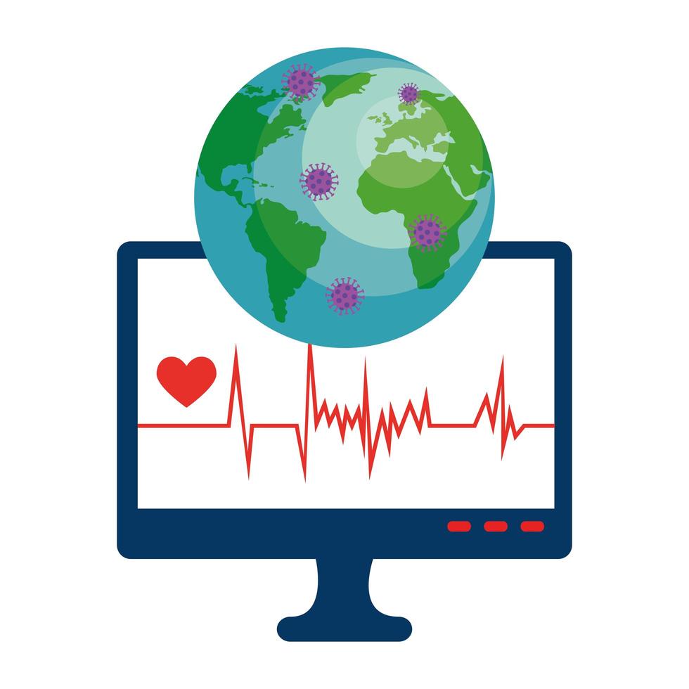 planète mondiale avec des particules covid 19 et moniteur vecteur