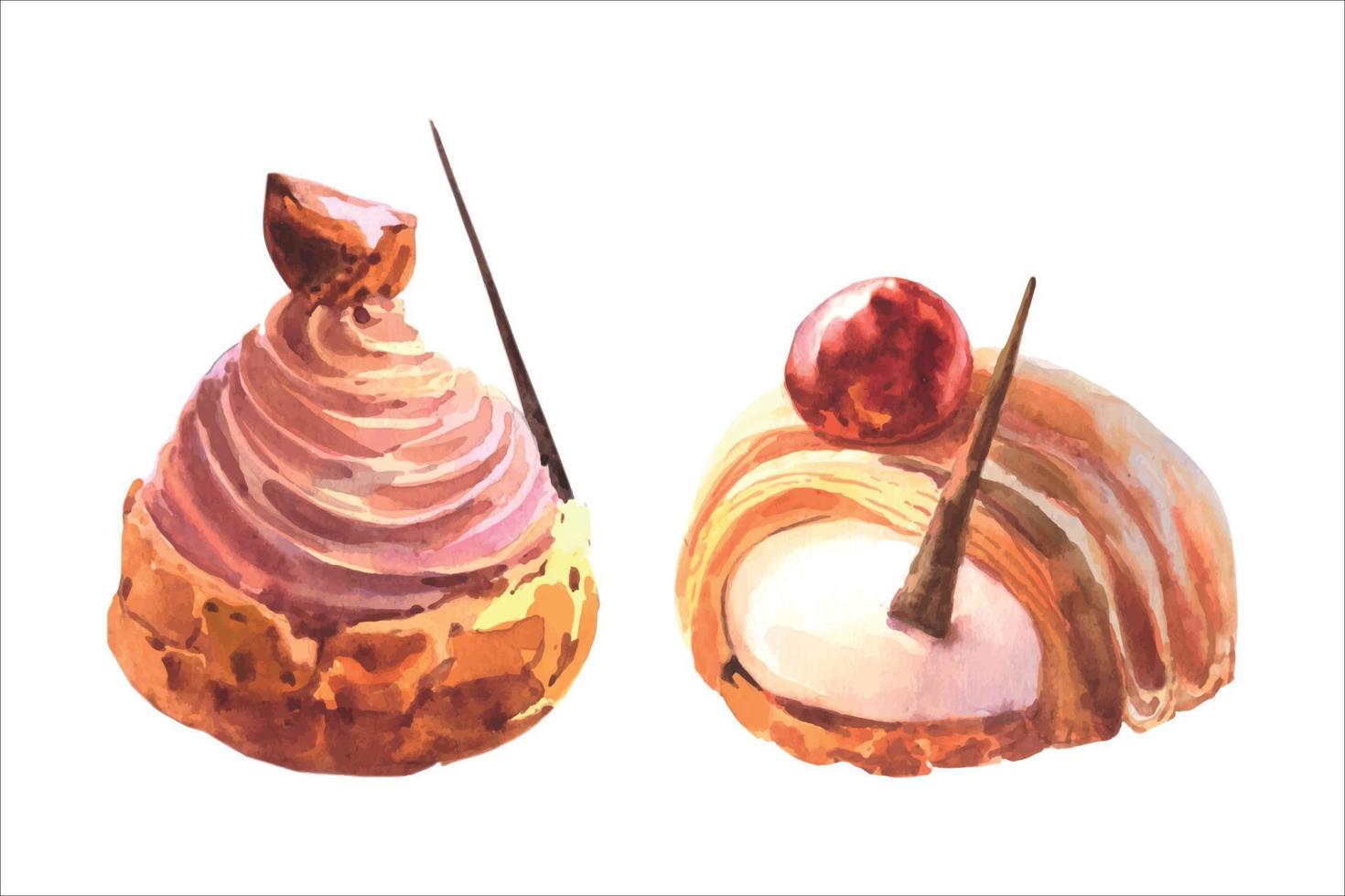 aquarelle japon ensemble de cupcakes à la cerise, cupcake au chocolat sucré isolé, muffin, illustration dessinée à la main. nourriture asiatique. isoler sur fond blanc. vecteur