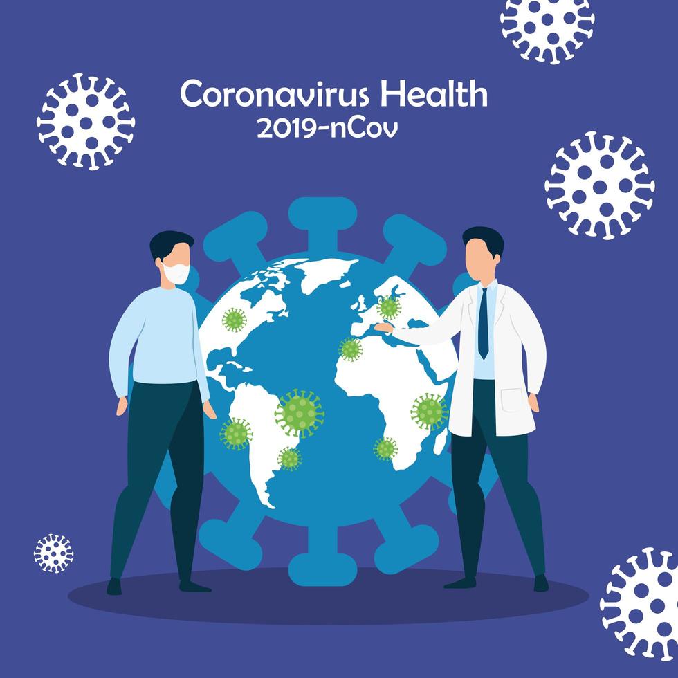 planète mondiale avec des particules 2019 ncov et hommes vecteur